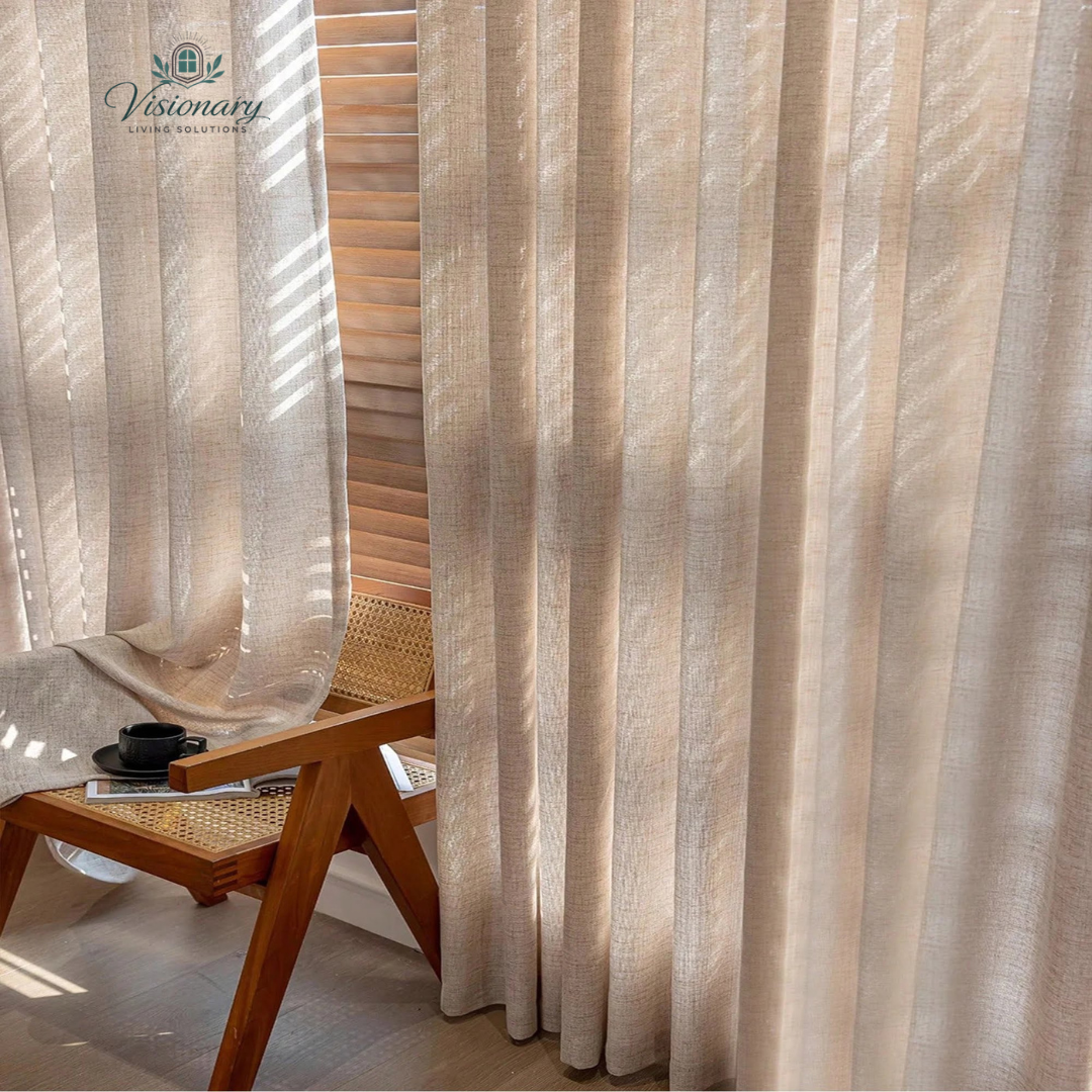 Visionary Living Solutions breathable light filtering curtains in warm beige