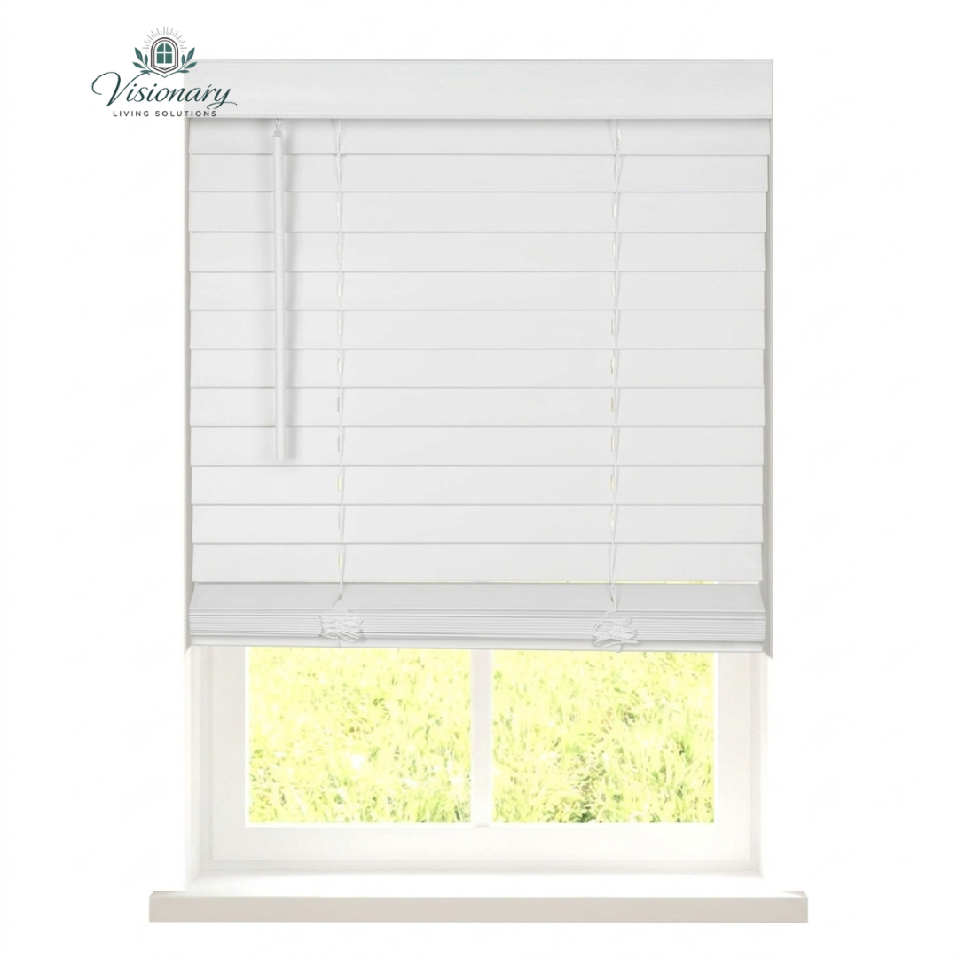 Visionary Living Solutions faux wood blinds with classic valance cordless room darkening window treatment