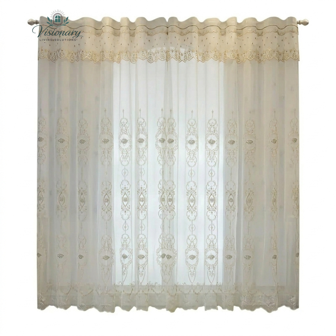 Visionary Living Solutions modern embroidered sheer drapes with soft light filtering