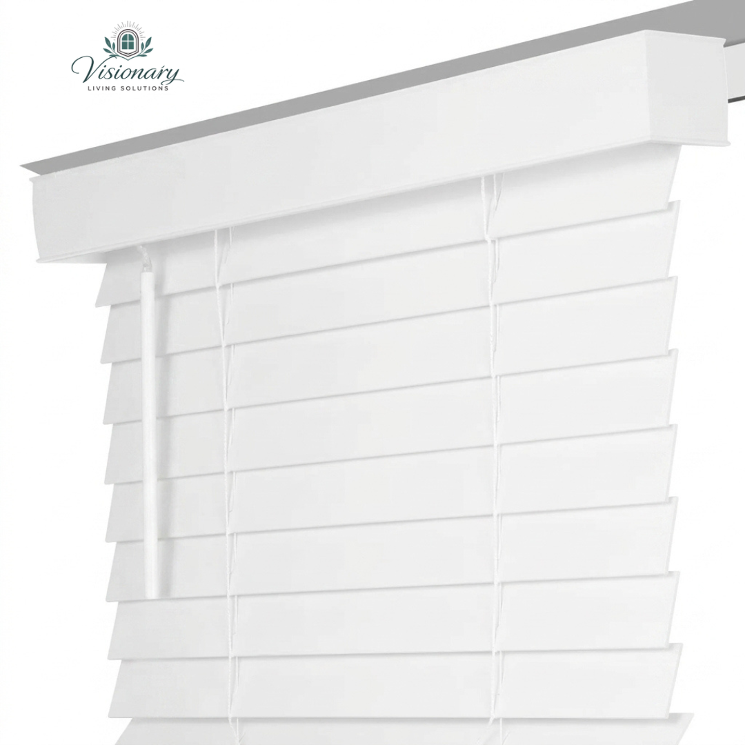 Visionary Living Solutions faux wood blinds with classic valance cordless room darkening window treatment