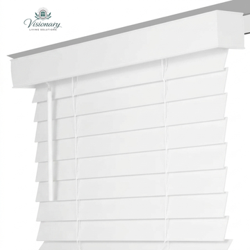 Visionary Living Solutions faux wood blinds with classic valance cordless room darkening window treatment