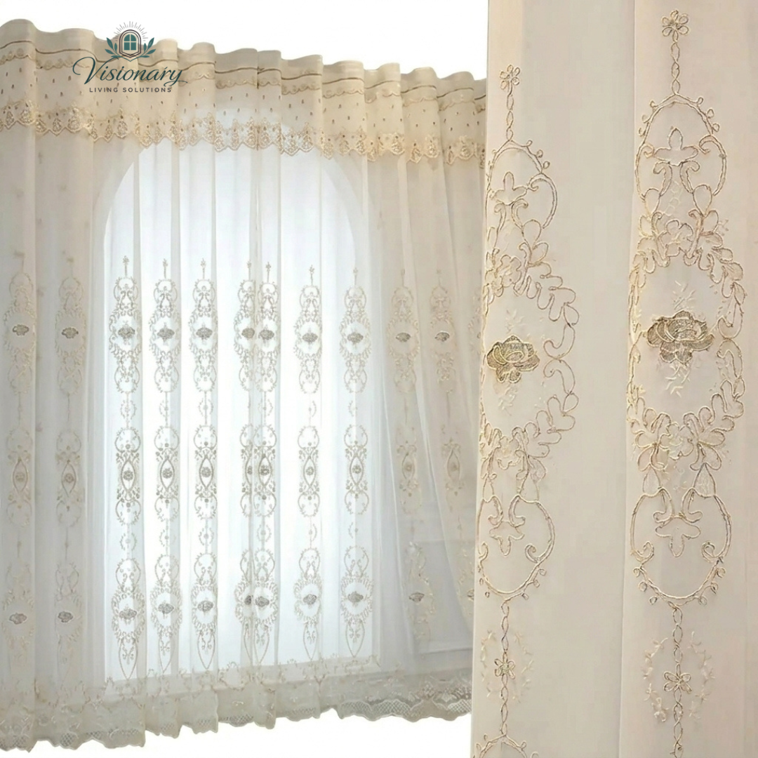 Visionary Living Solutions elegant white sheer curtain with embroidered detailing