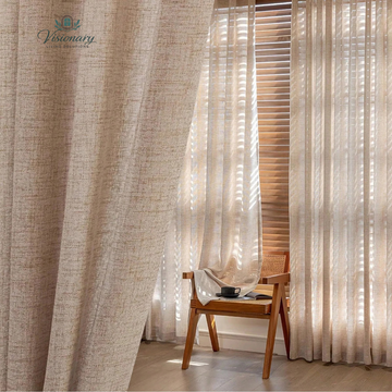 Visionary Living Solutions breathable light filtering curtains in warm beige