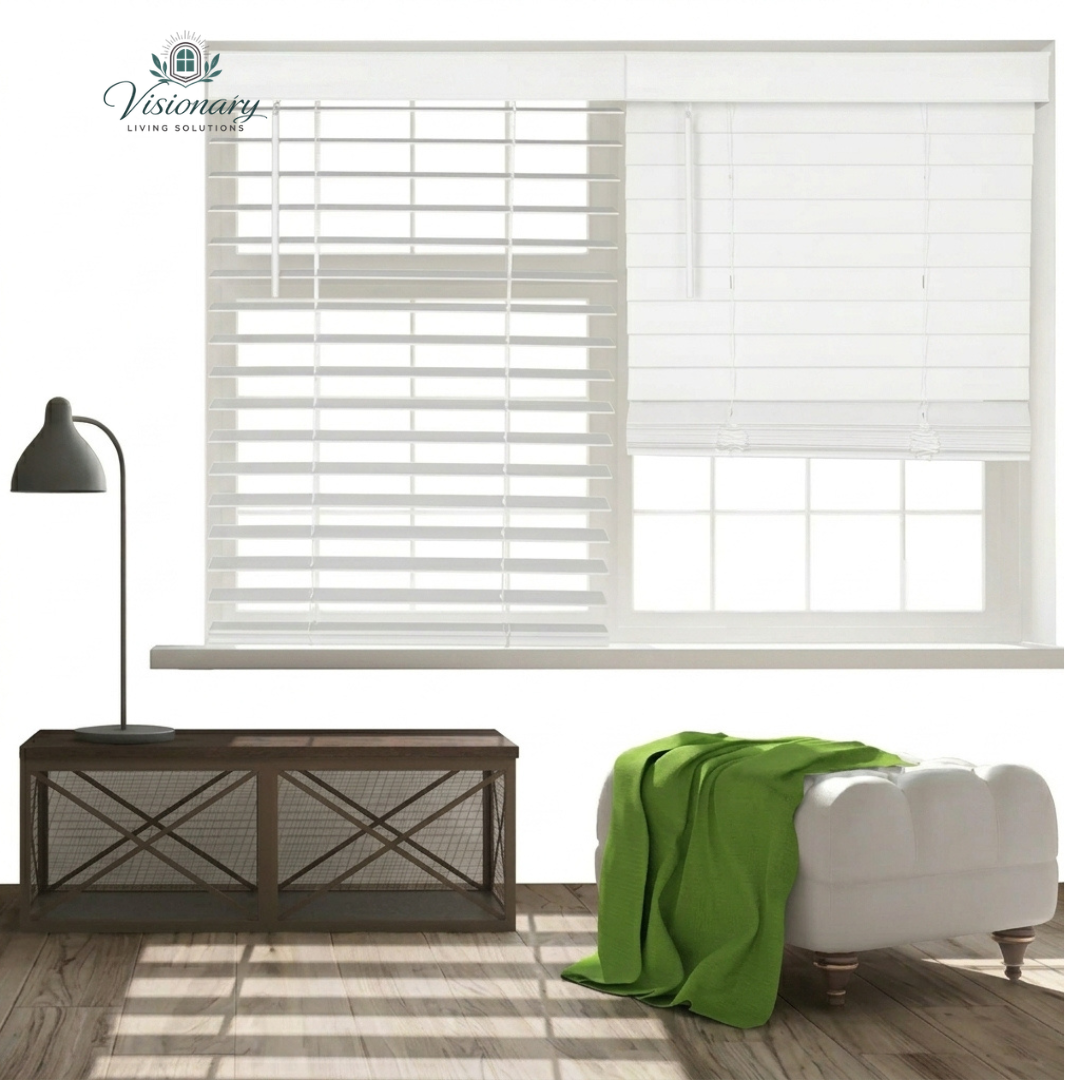 Visionary Living Solutions cordless lift and tilt faux wood blinds for safe child and pet friendly homes