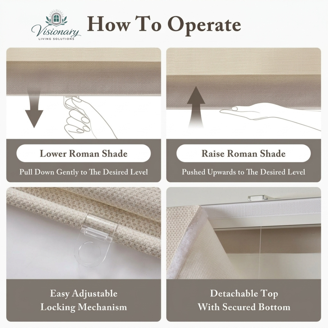 Visionary Living Solutions blackout Roman blinds with UV protection for bedroom and living room